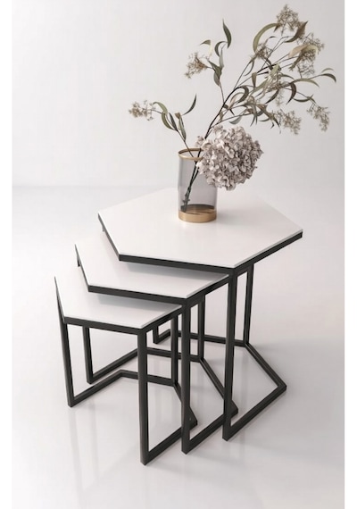 Usta Altıgen Siyah Metal Mdf Tablalı 3lü Zigon Sehpa Beyaz