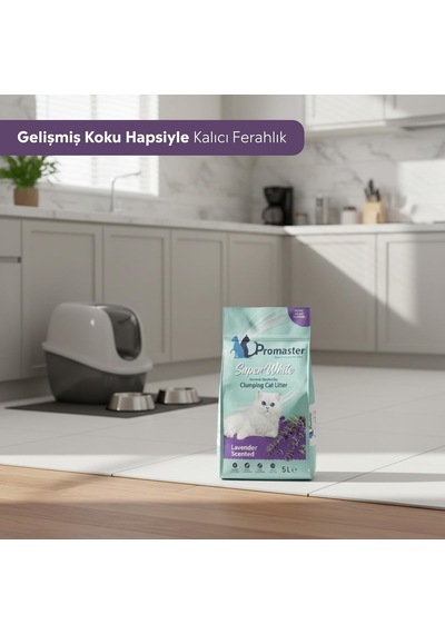 Süper Beyaz Doğal Bentonit Topaklanan Kedi Kumu Lavanta Kokulu 5 Lt
