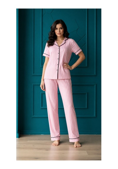 Rindahomewear Arabiyeli Kadın Pembe Çizgili Pamuklu Örme Kısa Kol Düğmeli Pijama Takım Pembe