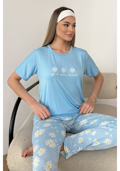 Giysa Kadın Bisiklet Yaka Desenli Kısa Kollu Pijama Takımı Mavi - 26y 2601