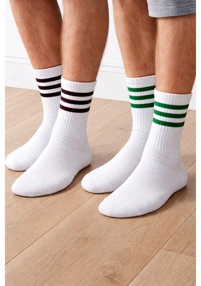 Plus Scorpion Beyaz Çizgili Tenis Çorabı Unisex Pamuklu, Uzun Spor Çorabı Beyaz