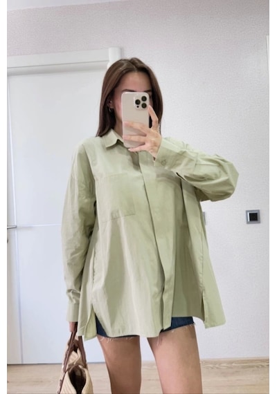 Defymoda Yakalı Yandan Yırtmaçlı Gömlek - Yeşil Yeşil