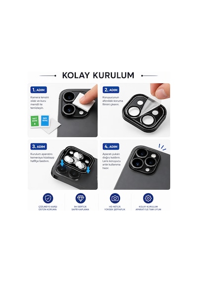 Safir Lens İphone 17 Air Uyumlu Kolay Kurulum Aparatlı Alüminyum Çerçeveli 9h Kamera Lens Koruyucu Mavi