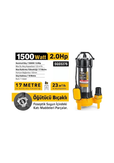 Sgs5376 - 17 Metre 2 Hp İnox Foseptik Dalgıç Pompa Parçalayıcı Öğütücü Bıçaklı 1500 Watt