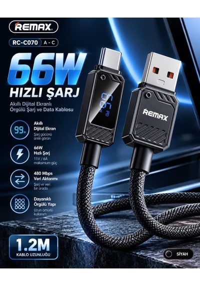 Remax Suxien Serisi Rc-c070-s 66w Akıllı Dijital Ekranlı Usb-a To Type-c Hızlı Şarj Ve Data Kablosu 1.2 Metre Siyah