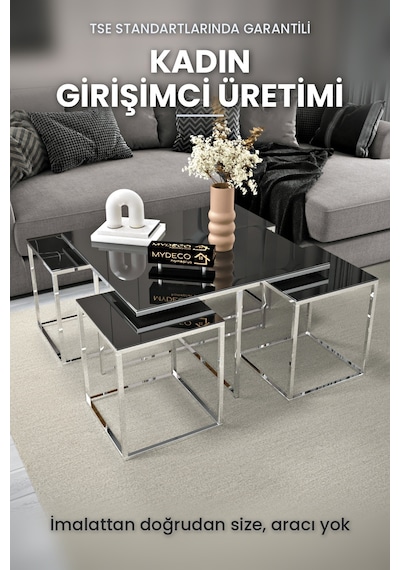 MİLAN 5 Parça Gümüş Zigon Sehpa Takımı Orta Sehpa Yan Sehpa siyah Cam Kurulu Hediye 75x75 MİLAN 5 Parça Gümüş Zigon Sehpa Takımı Orta Sehpa Yan Sehpa siyah Cam Kurulu Hediye 75x75