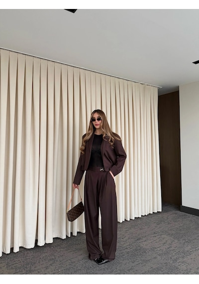 Laluvia Kahverengi Crop Ceket Pantolon Takım - 9689 Kahverengi