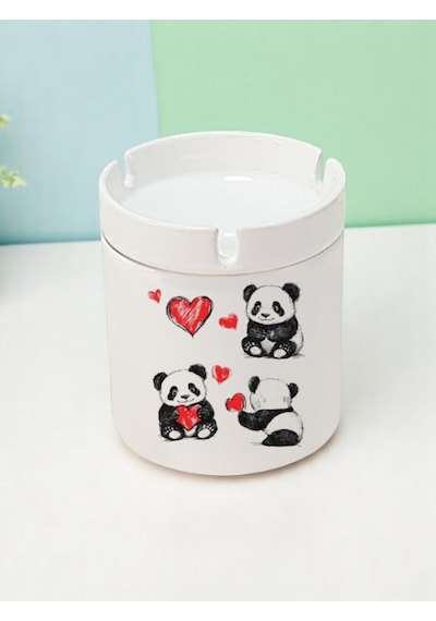 Panda Ve Kalp Baskılı 3'lü Seramik Küllük Kül Tablası - Erkek Kadın Için Doğum Günü Hediyesi
