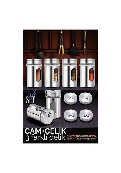 Cam+çelik Tuzluk Biberlik Karabiberlik 3 Farklı Delikli 5 Li Set 721945 Metalik