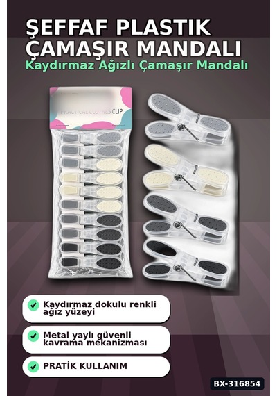 Silikon Ağızlı Şeffaf Plastik Çamaşır Mandalı - Bas Aç Mekanizmalı Renkli Mandal Bx-316854 Diğer