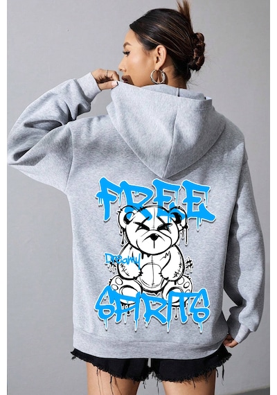 Free Grafiti Sırt Baskılı Sweatshirt Gri