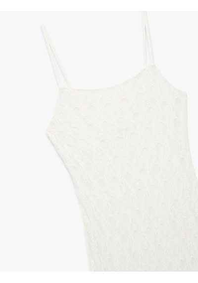 Koton Astarlı Slim Fit Midi Boy İnce Askılı Dantelli Elbise Ekru 5sak80470ek