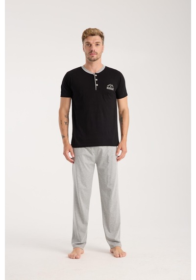Akbeniz Erkek Siyah Düğmeli Yaka Kısa Kol Pijama Takımı