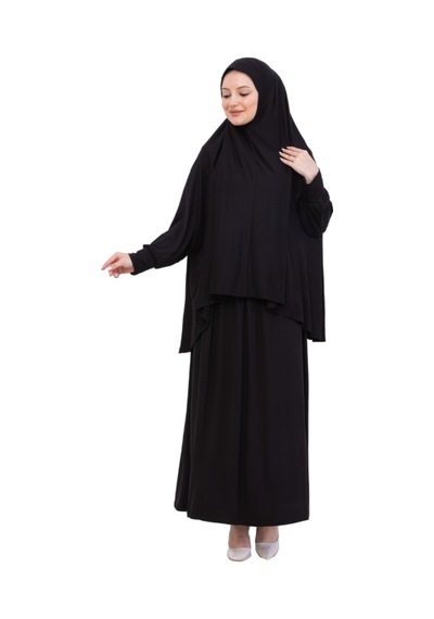 Modish Group İki Parça Namaz Elbisesi Uzun Pamuklu Tesettür Giyim Abaya & Başörtüsü Set Siyah