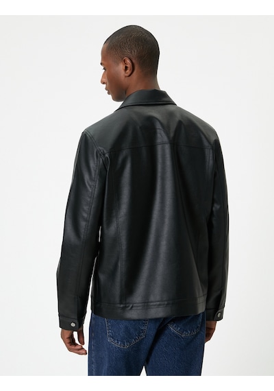 Koton Deri Görünümlü Ceket Slim Fit Düğmeli Cep Detaylı Siyah 5wam20050hw Siyah