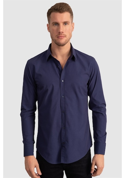 Tudors Slim Fit Dar Kesim Tery Cotton Erkek Gömlek-23363 Lacivert