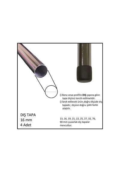 Plastik Dış Tapa, Profil Tapası, Yuvarlak, Siyah, 16 Mm 4 Adet Siyah