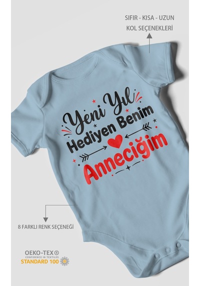 Morivokids Yeni Yıl Hediyen Benim Anneciğim Kısa Kollu Bebek Body %100 Pamuk Bebe Mavisi