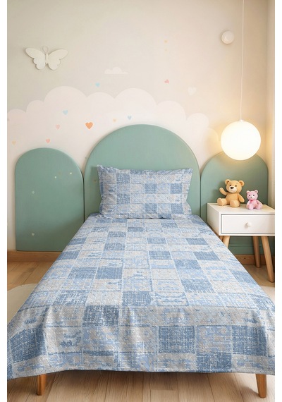 Mavi Geometrik Genç Odası Tek Kişilik Pike Takımı - Modern Beyaz 160x220 Cm Kapitone Yatak Örtüsü Mat Pencere İzi