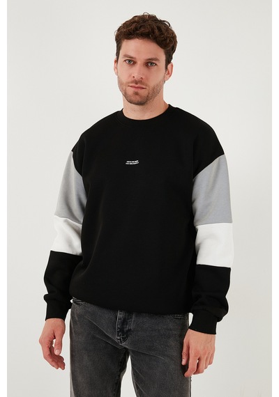 Buratti Pamuklu Relaxed Fit Bisiklet Yaka Şardonlu Renk Bloklu Erkek Sweat 5905298T Siyah