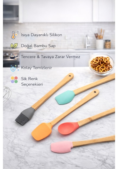 5 Li Renkli Bambu Saplı Silikon Küçük Boy Spatula Seti Kahverengi