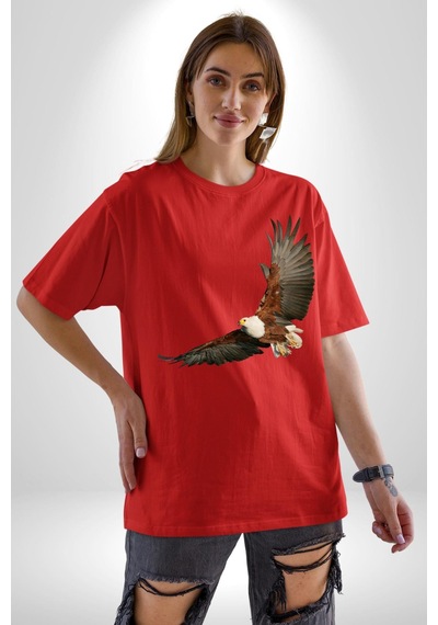 Kartal Özgürlük Pamuklu Bisiklet Yaka Unisex Oversize Boyfriend Dijital Baskılı Kırmızı T-shirt Kırmızı