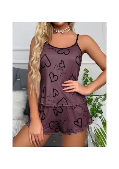 Selveta Kadın Penye İp Askılı Şortlu İnce Kalpli Gecelik Pijama Takımı Çok Renkli