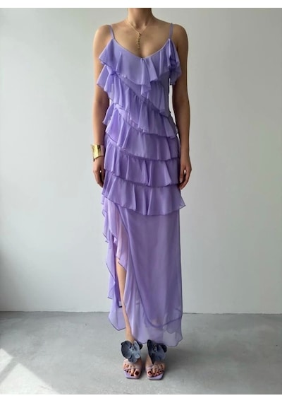 Defymoda Ples Yırtmaç Detaylı Elbise Lila