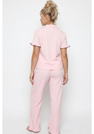 Siyah İnci Nakışlı Bürümcük-krınkıl Kısa Kollu Düğmeli Pijama Takım 8057 Pembe