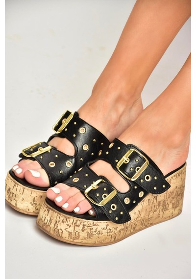 Fox Shoes U996753509 Siyah Dolgu Topuklu Kadın Ayakkabı Siyah-suni Deri
