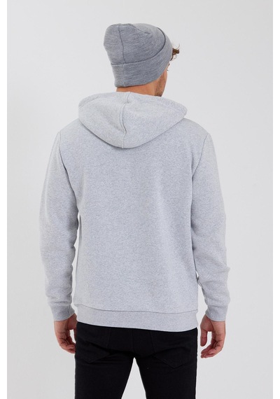 Polostate Erkek 3 İplik Pamuklu İçi Polarlı Baskılı Regular Fit Kapüşonlu Kanguru Cepli Gri Sweatshirt Gri