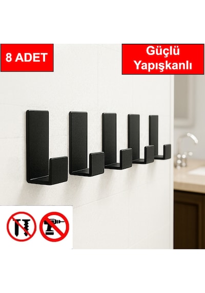 8 Adet Kapı Arkası Güçlü Yapışkanlı Çok Amaçlı Plastik Askı Havlu Askılık Siyah Diğer