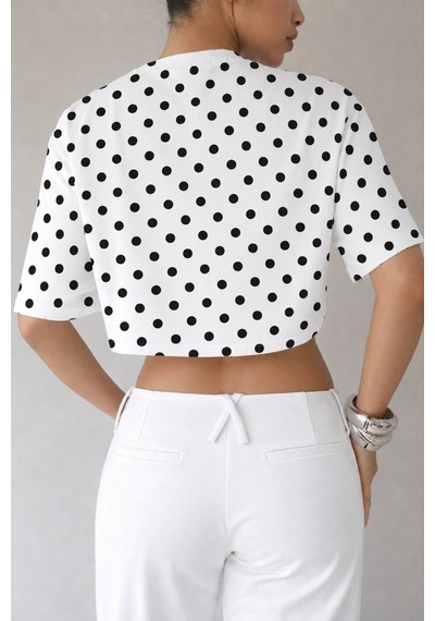 Hımmelduf Kadın Puantiye Desenli Crop Tişört Basic Oversize Yazlık Bluz Beyaz