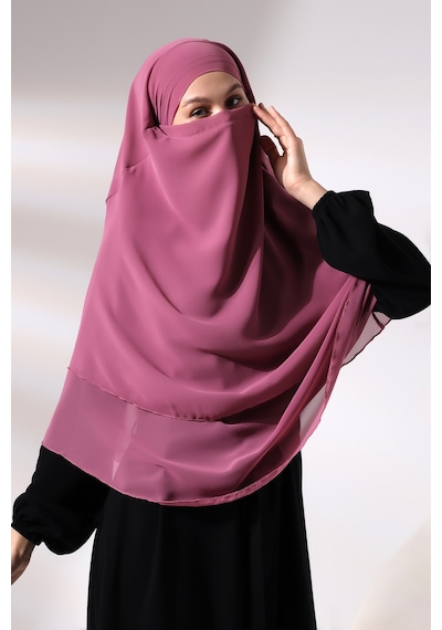 Pembe Üç Katlı Peçeli Kısa Şifon Tesettür Sufle Eşarp