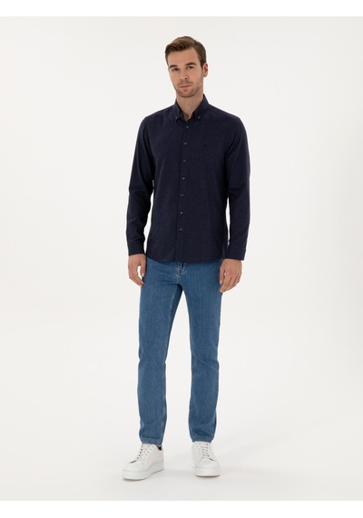 Cacharel Lacivert Slim Fit Pamuk Karışımlı Yakası Düğmeli Flanel Gömlek