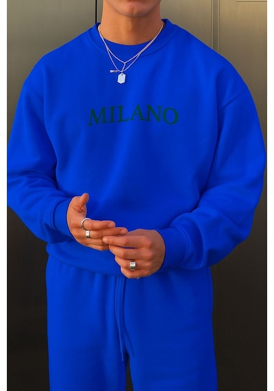 Benroma 3 İplik Penye Milano Baskılı Unisex Sweatshırt Saks Mavisi