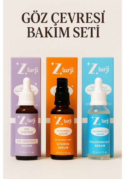 3 Lü Göz Çevresi Bakım Seti Kafeinli Göz Serumu + C Vitamini + Hyaluronik Asit