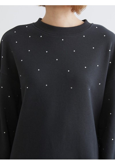 Lcw Vision Antrasit Bisiklet Yaka Taşlı Oversize Kadın Sweatshirt