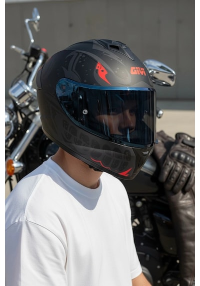 Gıvı 50.x Bones Kırmızı  1 Renkli 1 Şeffaf Vizörlü Motosiklet Kask Lacivet Vizör + Şeffaf