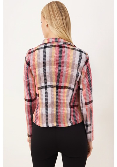 Armonika Kadın Kırmızı-bej Kruvaze Yaka Tüvit Crop Ceket Arm-24k001014
