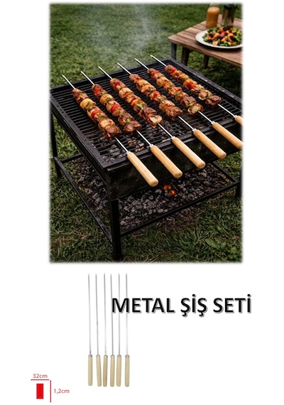 Metal Şiş Seti 6 Adet 32cm Ahşap Saplı Mangal Şiş Takımı Barbekü Şişi Çelik Şiş