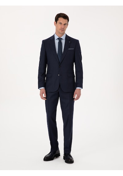 Cacharel Lacivert Slim Fit Yün Karışımlı Mikro Desenli Klasik Ceket