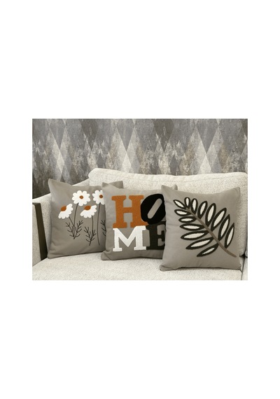 3 Lü Dekoratif Kırlent Kılıfı Seti Papatya Home Yazılı Yaprak Desenli Boho Modern Bej Bej