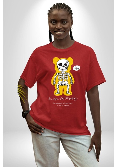 Mutlu Ol Pamuklu Bisiklet Yaka Unisex Oversize Boyfriend Dijital Baskılı Kırmızı T-shirt Kırmızı