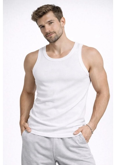 Tarzyeri Erkek Spor Slimfit Fitilli Kaşkorse Arka Basklı Atlet 2'li Set Kahverengi-beyaz