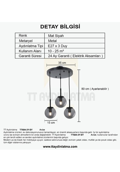 Tt604-3y-fullsy Tt Ayd. Mat Siyah 3 Lü Tijli Glop Camlı Yuv Avize Siyah - Bal Cam
