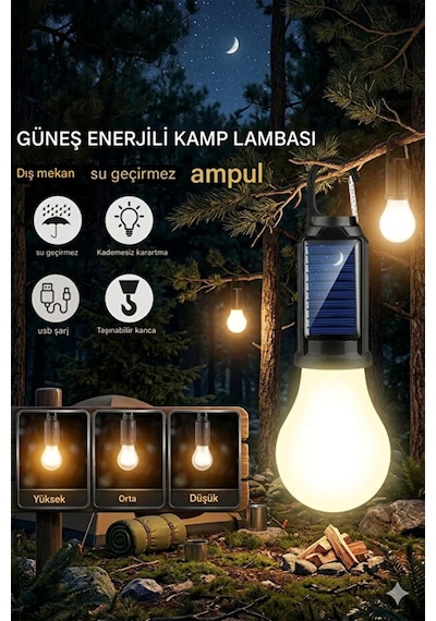 Taşınabilir Solar Kamp Lambası 10w Usb-c Şarjlı Askılı Led Fener Kırılmaz Gövde, Güçlü Aydınlatma Beyaz
