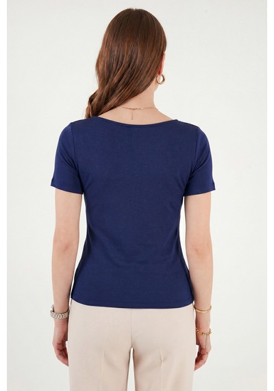 Lela Toka Detaylı Fitted Fit Kayık Yaka Bluz Bayan Bluz 5862707 Lacivert