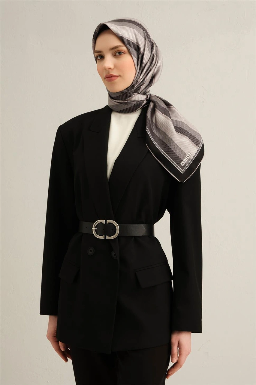 Armine Klasik Desenli Saf İpek Twill Eşarp 9327d 83 Füme
