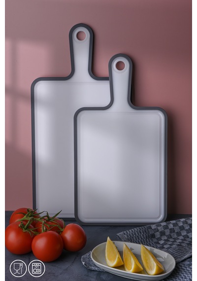 2 Li Kaydırmaz Kesme Tahtası Kulplu Kesim Panosu 1x 30x21 Cm 24,5x19,5 Cm Gri